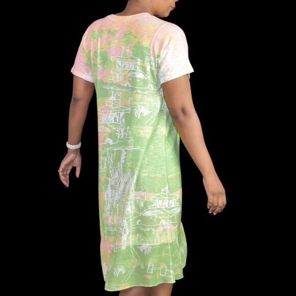Inoah Dress Green Jersey T Shirt Lagenlook Doodle Print Artsy Pastel Size Small - Picture 3 of 13